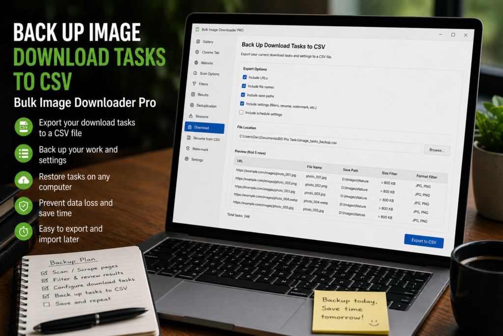 Back Up Image Download Tasks to CSV — Bulk Image Downloader Pro
