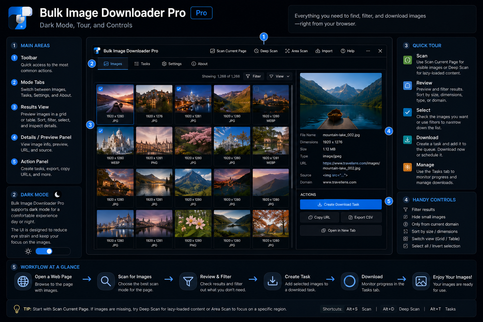 Bulk Image Downloader From URL List Interface Guide — Dark Mode, Tour, and Controls