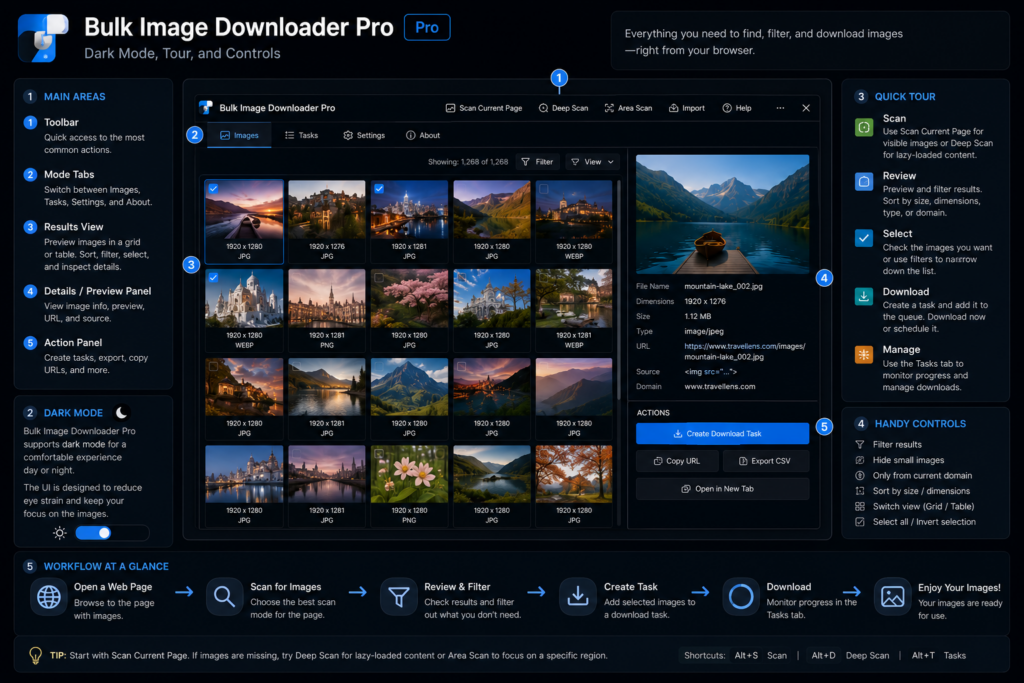 Bulk Image Downloader Pro Interface Guide — Dark Mode, Tour, and Controls