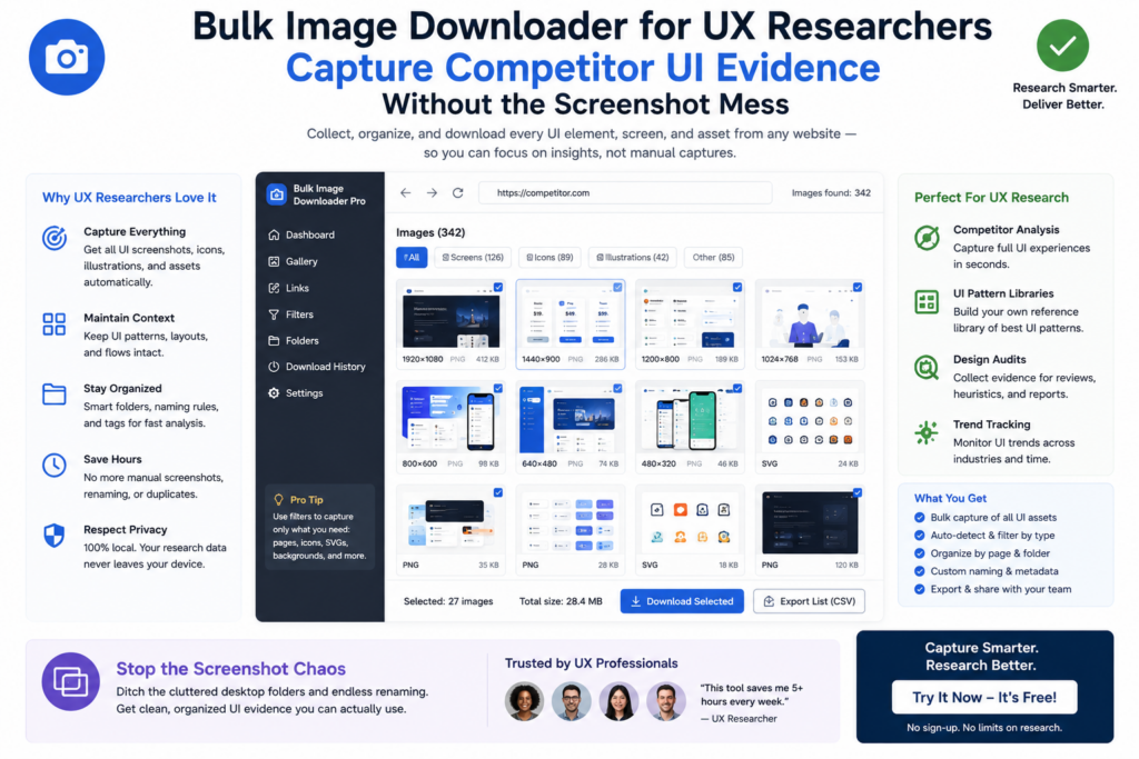 Bulk Image Downloader for UX Researchers — Capture Competitor UI Evidence Without the Screenshot Mess
