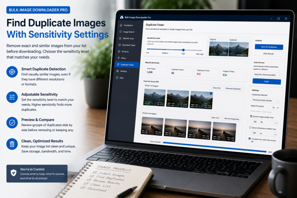 Find Duplicate Images With Sensitivity Settings — Bulk Image Downloader Pro