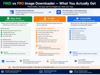 Free vs Pro Image Downloader — What Basic, Try PRO, and Licensed PRO Include