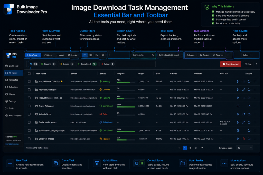 Image Download Task Management — Essential Bar and Toolbar