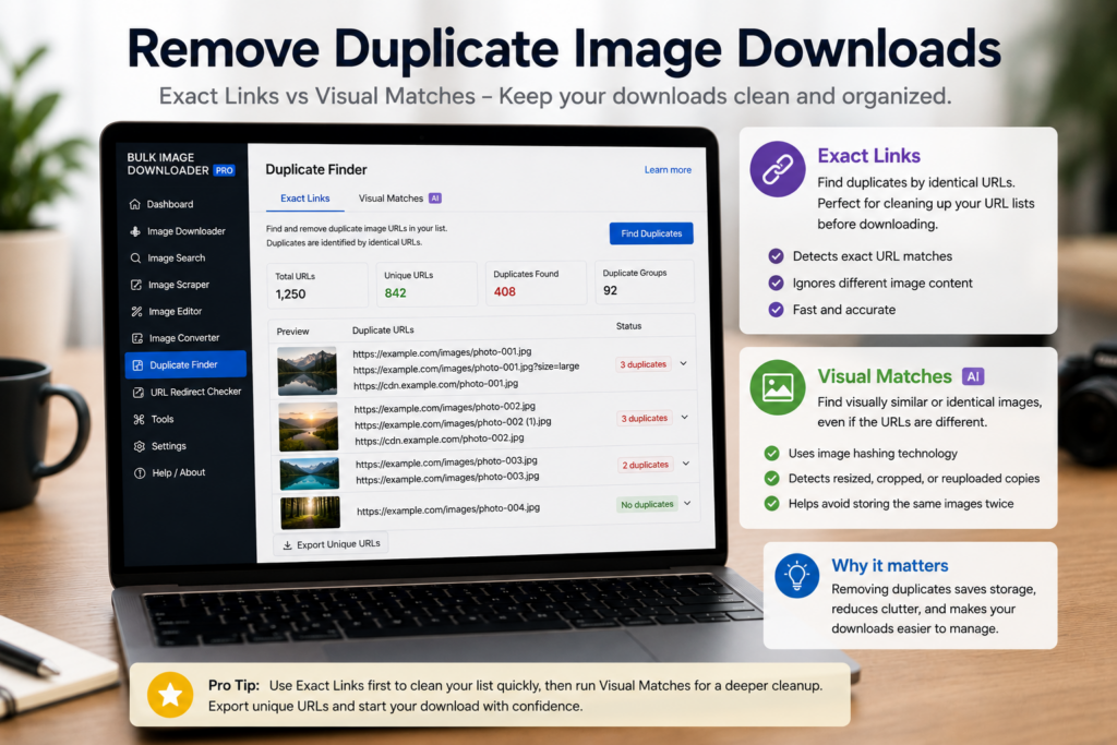 Remove Duplicate Image Downloads — Exact Links vs Visual Matches