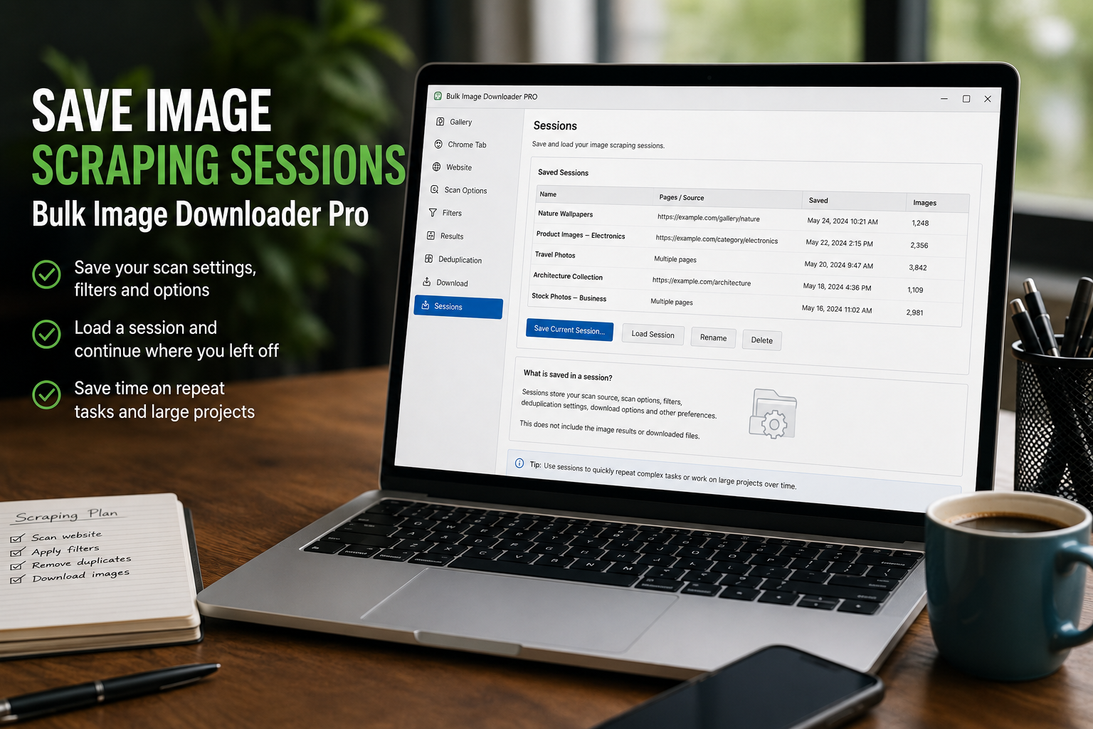 Save Image Scraping Sessions — Bulk Image Downloader From URL List