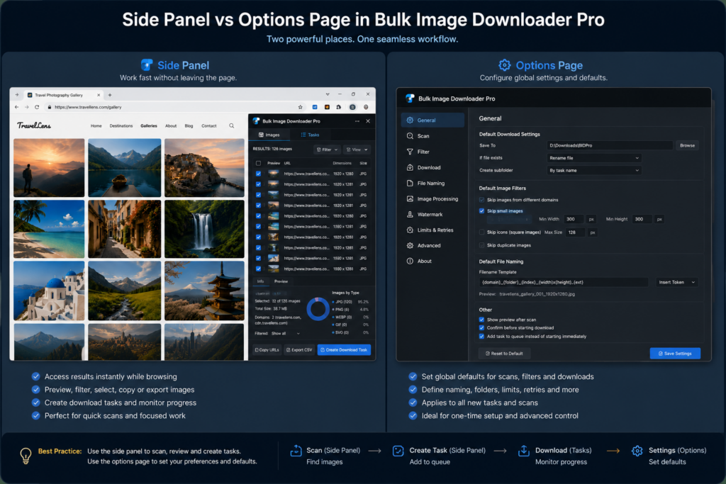 Side Panel vs Options Page in Bulk Image Downloader Pro