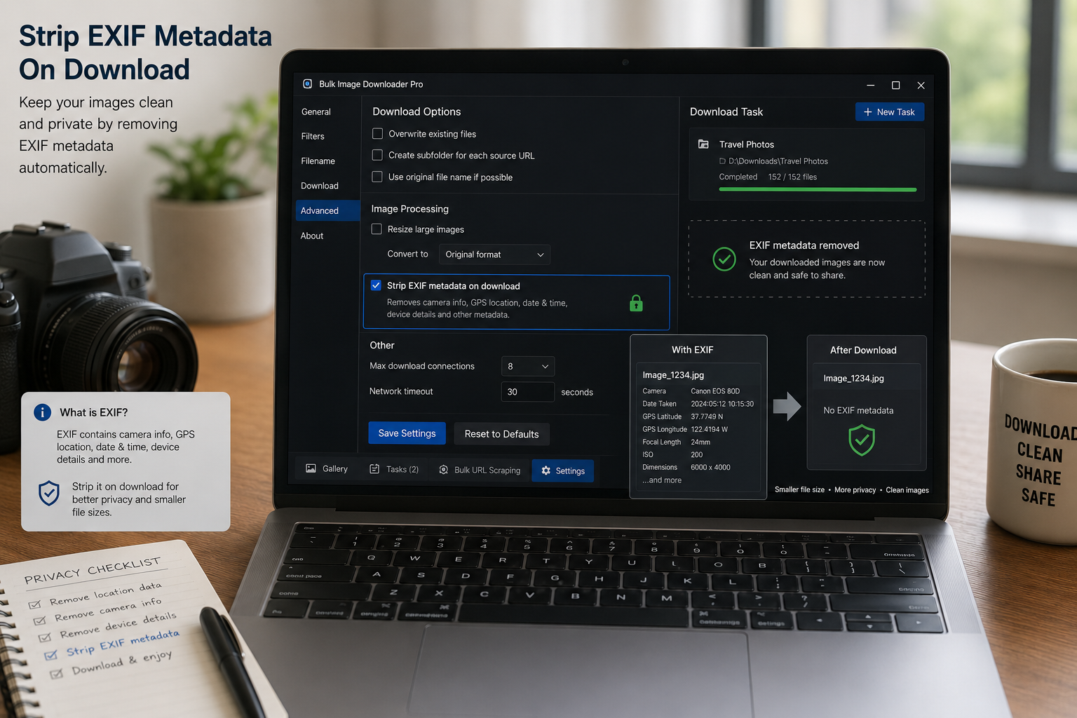 Strip EXIF Metadata On Download — Bulk Image Downloader From URL List